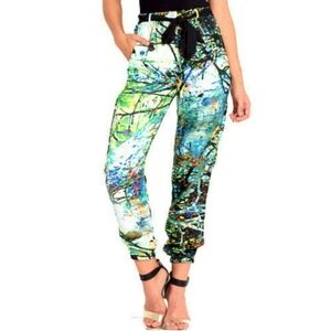 Wenjie Women’s Silky Joggers – Nature Forest Abstract Print 🌿✨ Size M